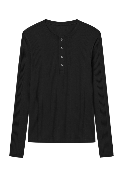 Slim Fit Henley вырез Jersey длинный рукав - черный