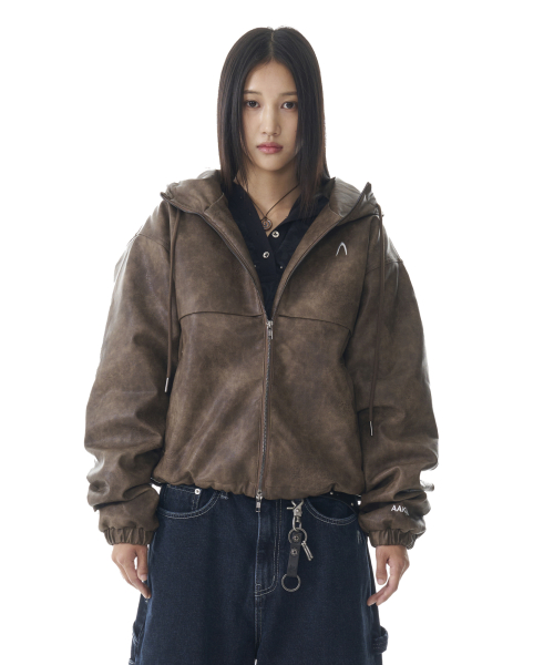 Leather Puffer Jacket (Brown)