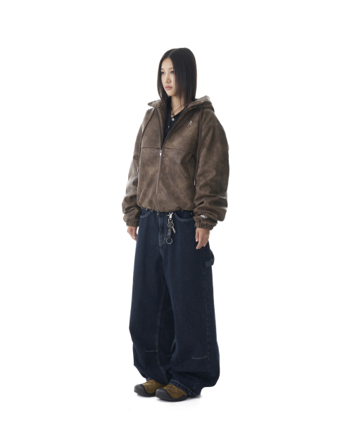 Leather Puffer Jacket (Brown)