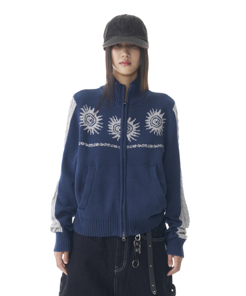 Sun Jacquard Zip-Up Sweater (Navy)