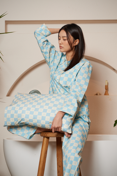 [COTTON] Aqua Blue Square Cotton Pajama Set