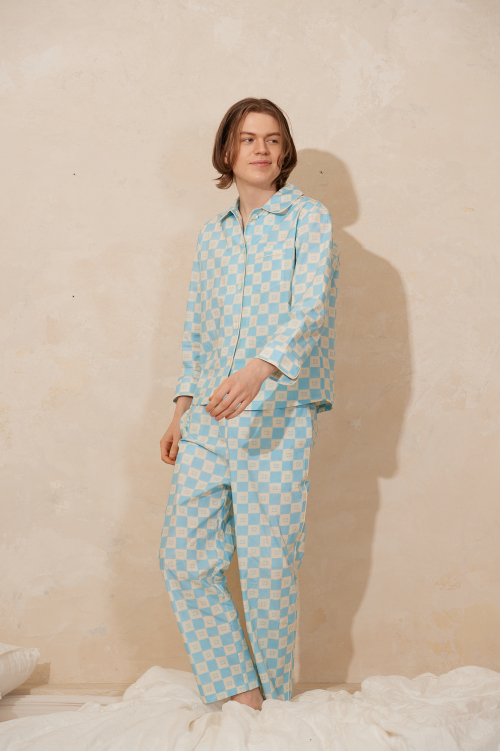 [COTTON] Aqua Blue Square Cotton Pajama Set