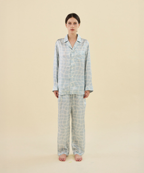[SILK] Azure Grid Silk Pajama Set