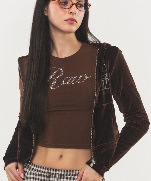 Вельветовая зип-худи с лого из страз, slim fit, Brown
