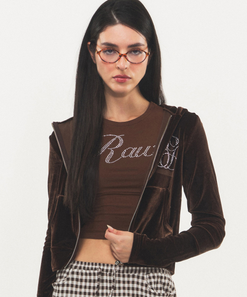 Вельветовая зип-худи с лого из страз, slim fit, Brown