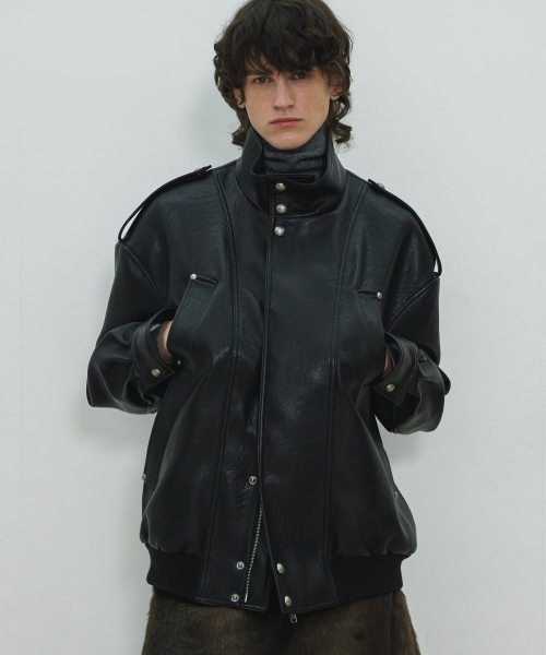 UNISEX, 4 Pocket Oversized Leather Blouson / Black