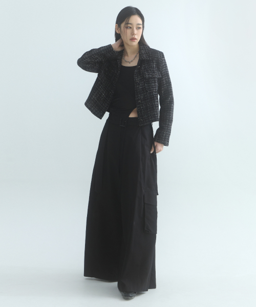 Collar Tweed Single Jacket - Black