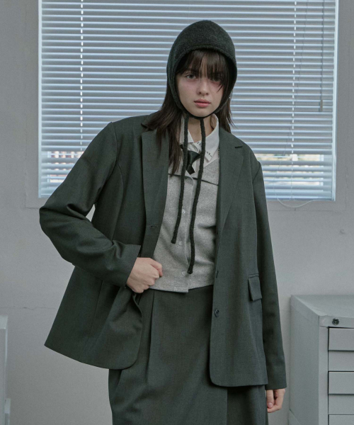 Wool Blend Semi-Over Fit Jacket - Charcoal