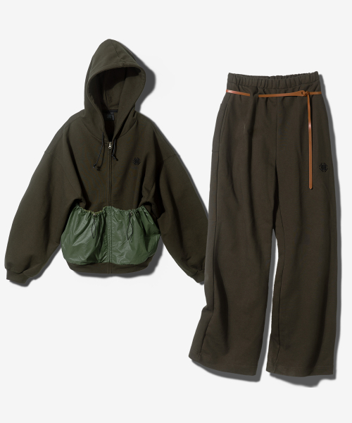 (SETUP) POCKET HOODED ZIPUP + LEATHER BELT WIDE PANTS- KHAKI