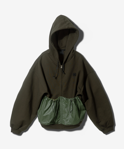 (SETUP) POCKET HOODED ZIPUP + LEATHER BELT WIDE PANTS- KHAKI