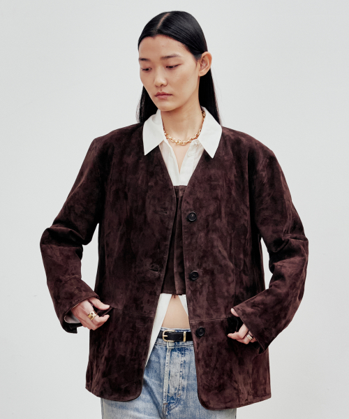 Collarless Goat Suede Jacket (Chocolate Brown)
