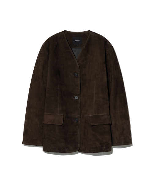 Collarless Goat Suede Jacket (Chocolate Brown)