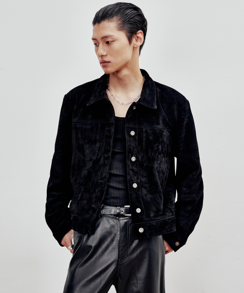 Cow Suede Trucker Jacket (Black)