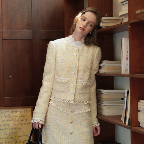 Cest_Creamy lace tweed jacket