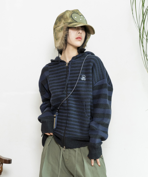 Асимметричный трикотажный худи на молнии в полоску WXK008 (NAVY)
