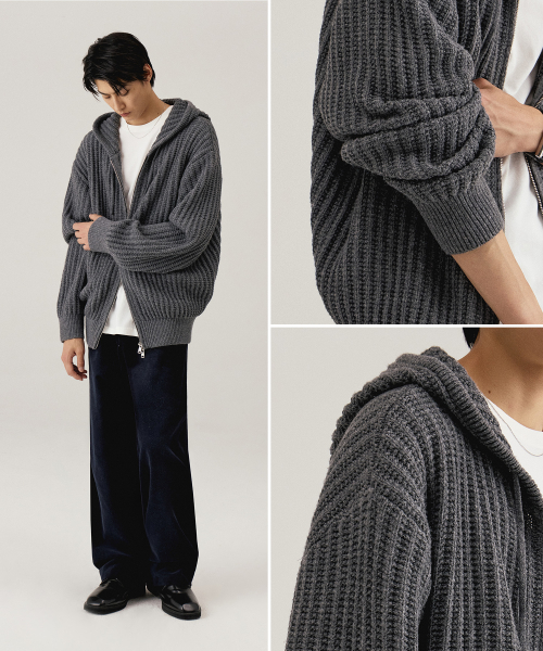 Объемный трикотажный худи на молнии_Dark Gray