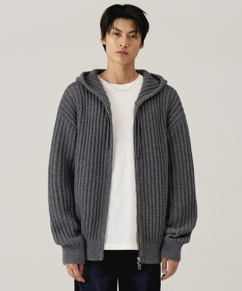 Объемный трикотажный худи на молнии_Dark Gray