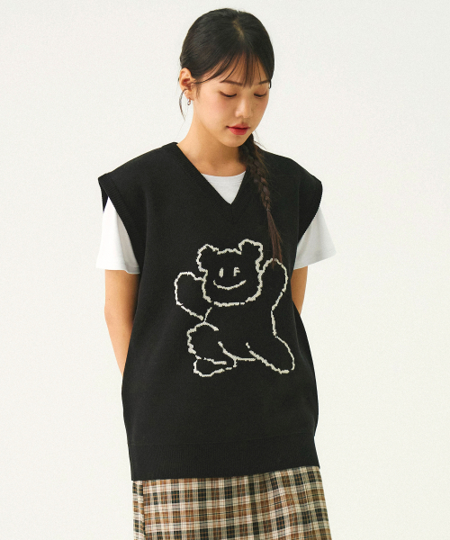 [UNISEX] Вязаный жилет Big Line Bear Smile Black