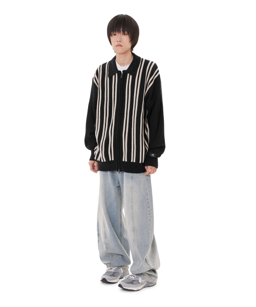 VERTICAL STRIPE KNIT ZIP UP - чёрный