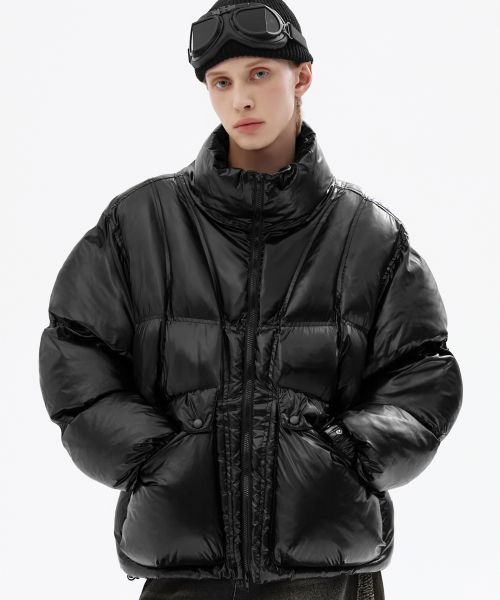 Глянцевый пуховик с косыми швами [Black]