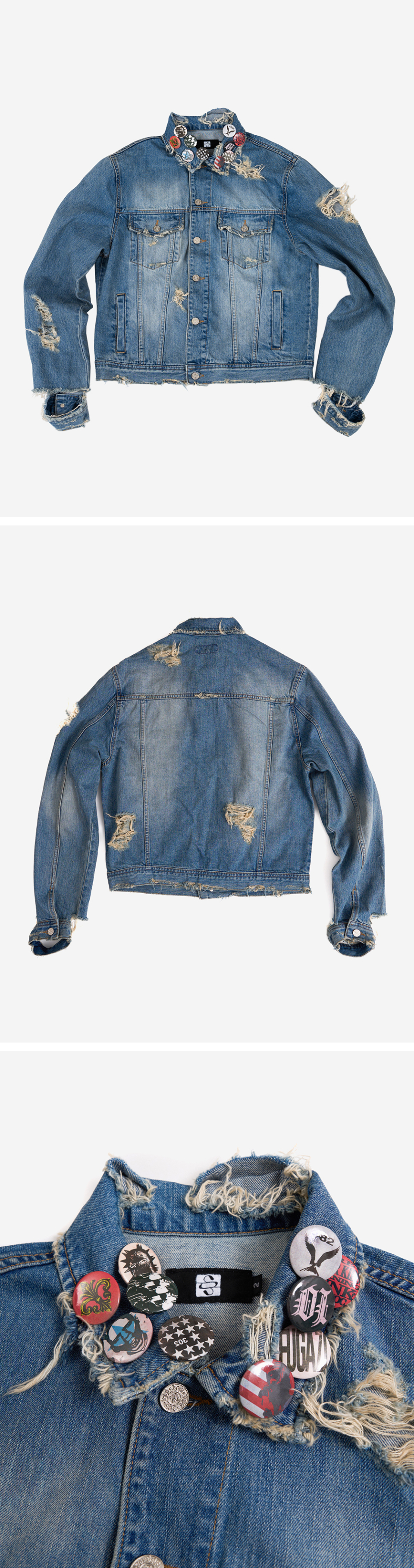 【SUNDAYOFFCLUB】 Hand Distressed Denim Jacket☆ 선데이오프클럽(SUNDAYOFFCLUB) Punk Pin Hand Distressed Denim