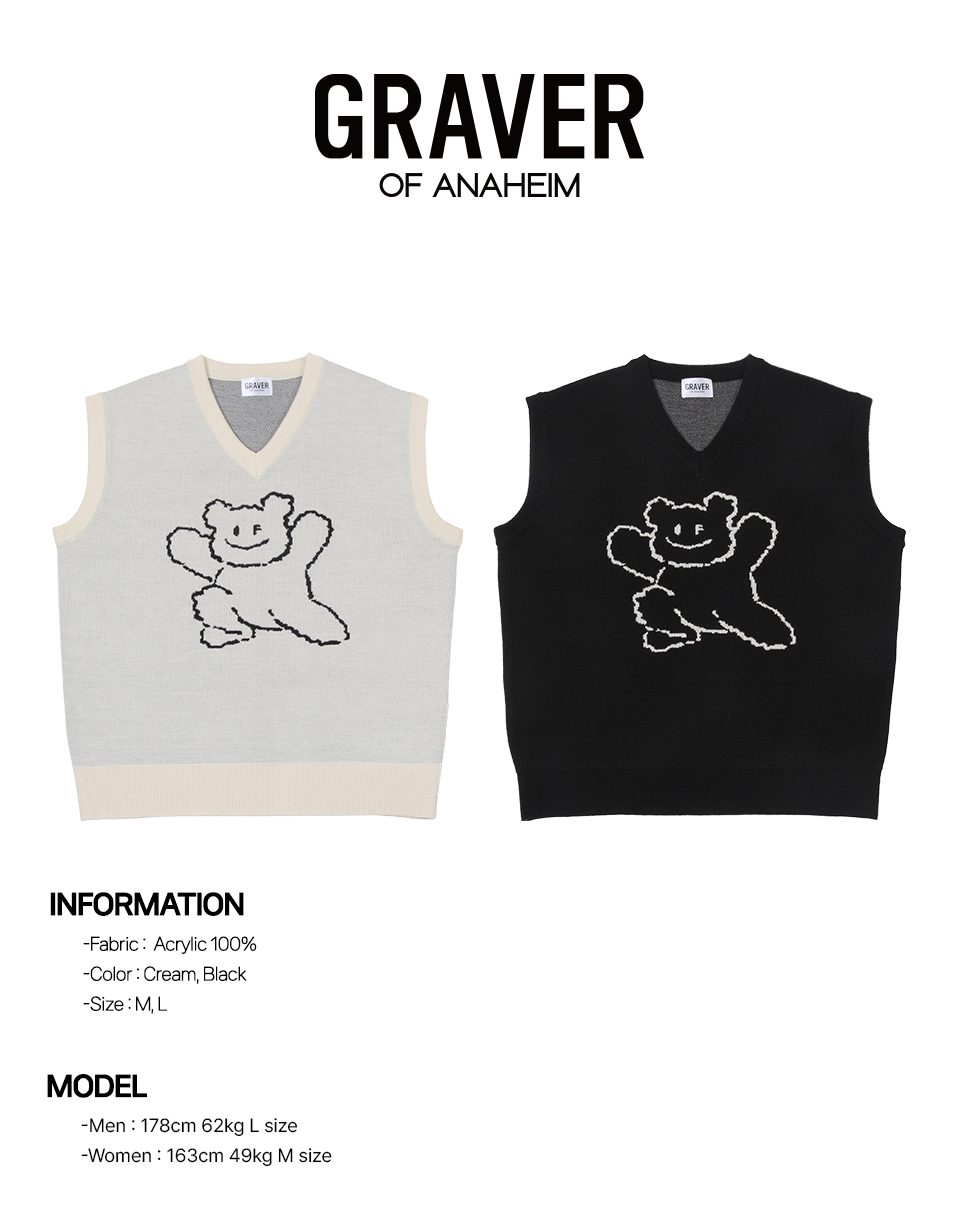 【GRAVER】24FW★ Big Line Bear Smile Knit Vest MUSINSA | GRAVER [UNISEX] Big Line Bear Smile Knit Vest_Cream