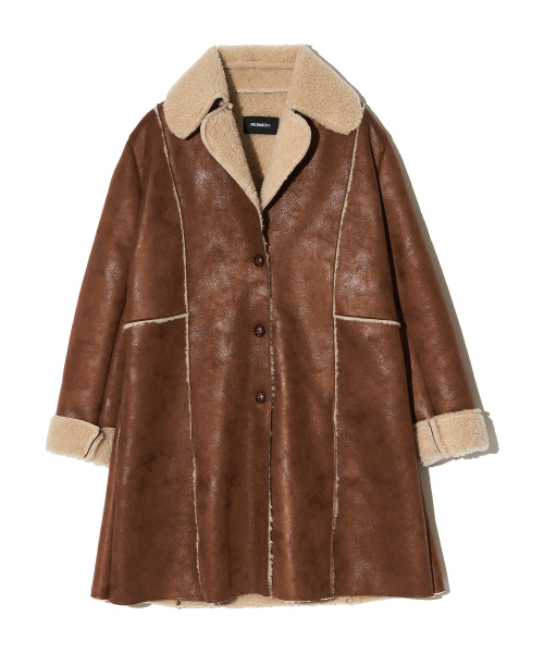 CRACK FAUX LEATHER SHEARING MUSTANG COAT (TAN)