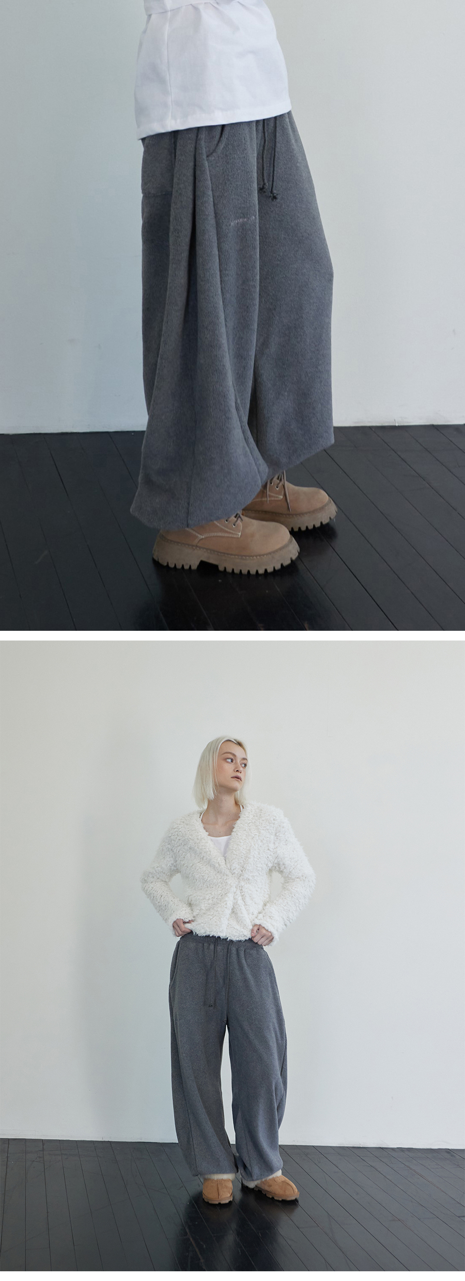 韓国発!【JUSTYOUNG】RG Fleece Pintuck Pants/男女共用 Melange Fleece Pintuck Pants Charcoal - RENSE