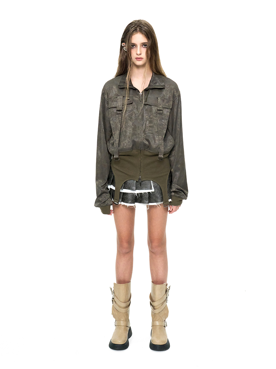 GLOSSY BELT HIGH NECK ZIP-UP KHAKI 상세 이미지 1