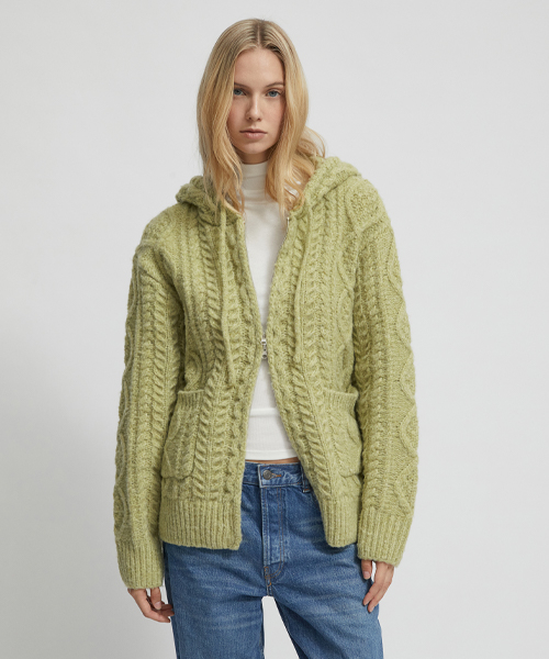Вязаный худи-зиппер с косами Wool Brush Green