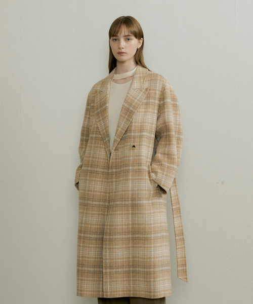 CHECK LONG HANDMADE COAT - Beige