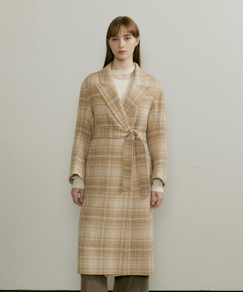 CHECK LONG HANDMADE COAT - Beige