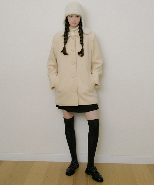 EOT FLUFFY SINGLE WOOL HALF COAT CREAM BUTTER