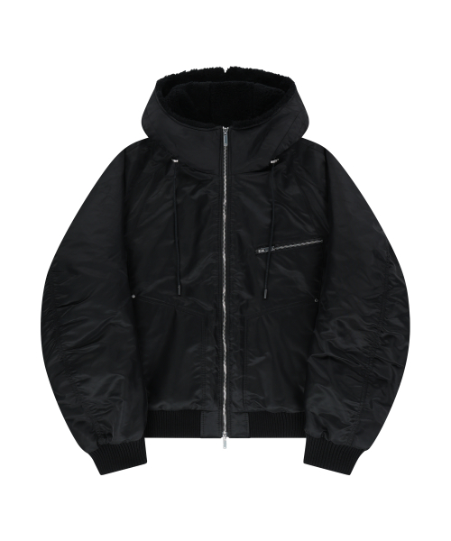 FUR HOODED NYLON MA-1 JACKET (BLACK)