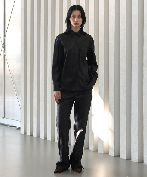 Faux Leather Side Slit Button Elastic Fleece-Lined Bootcut Pants Black
