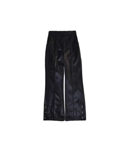 Faux Leather Side Slit Button Elastic Fleece-Lined Bootcut Pants Black