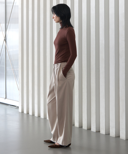Wool Blend Side Button Pintuck Elastic Pants Beige