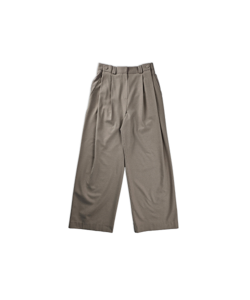 Wool Blend Side Button Pintuck Elastic Pants Beige