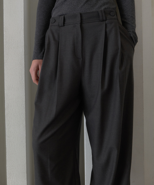 Wool Blend Side Button Pintuck Elastic Pants Charcoal