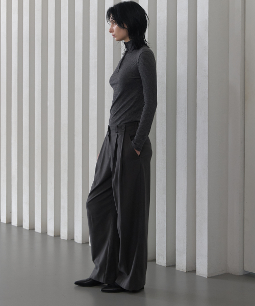 Wool Blend Side Button Pintuck Elastic Pants Charcoal