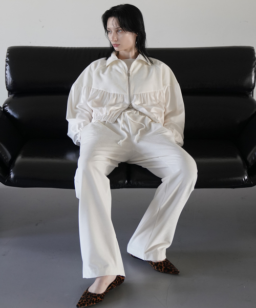 Velvet Yoke Satin Shirring Zip-Up Ivory
