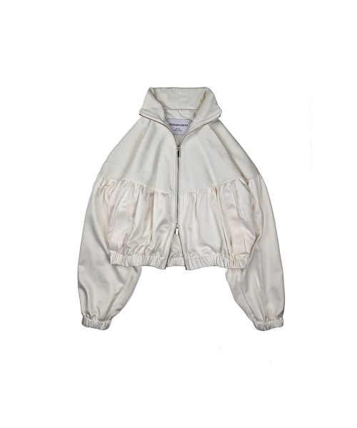 Velvet Yoke Satin Shirring Zip-Up Ivory