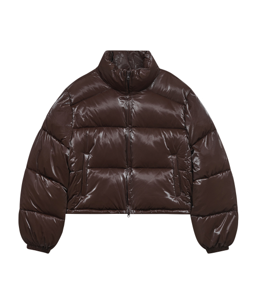Короткий глянцевый пуховик 85-VIVA043 с высоким горлом Brown