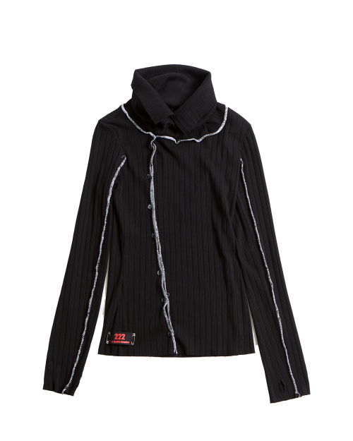 Ruff Cutting High Neck & Off-Shoulder Cardigan - Black
