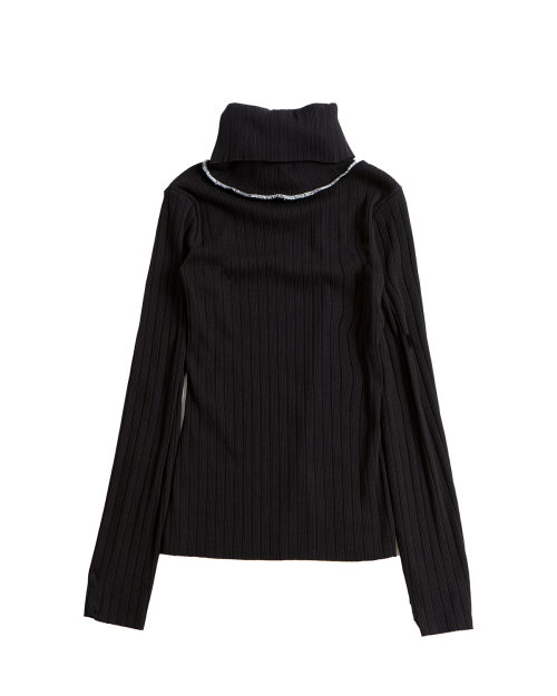 Ruff Cutting High Neck & Off-Shoulder Cardigan - Black