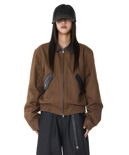 Contrast Leather Work Jacket (Brown)