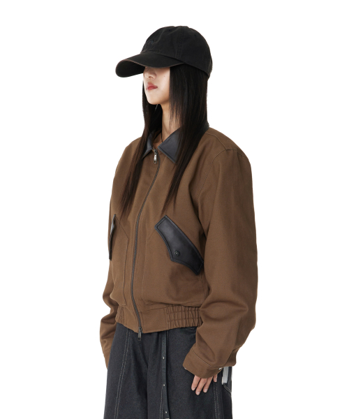 Contrast Leather Work Jacket (Brown)