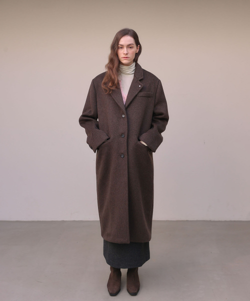 Stud wool long coat [ Brown ]