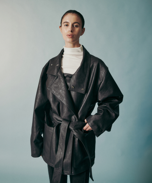 UNISEX FUNNEL NECK TIE WAIST VEGAN LEATHER JACKET