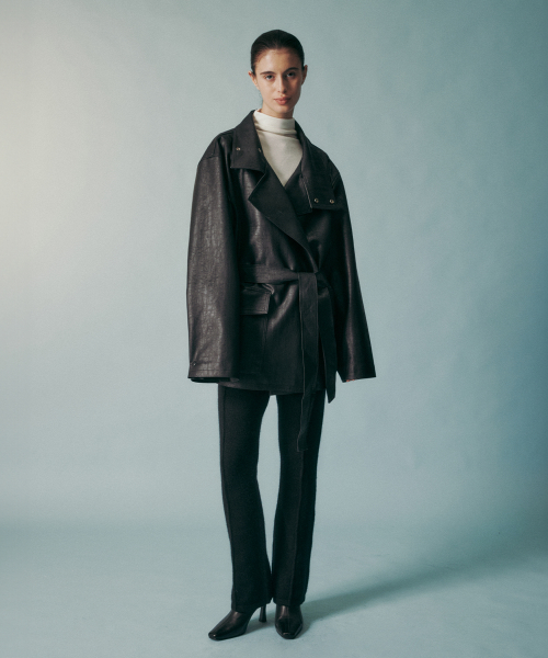 UNISEX FUNNEL NECK TIE WAIST VEGAN LEATHER JACKET